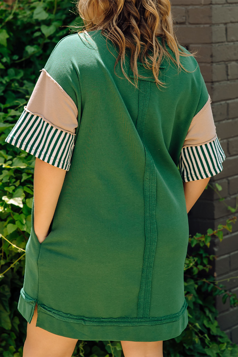 Casual Stripe Pocket Patchwork Turndown Collar Short Sleeve Short Sleeve Dress(5 Colors) - Fashionpara