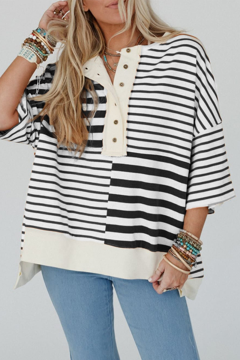 Casual Stripe Buttons Patchwork Contrast O Neck T-Shirts - Fashionpara