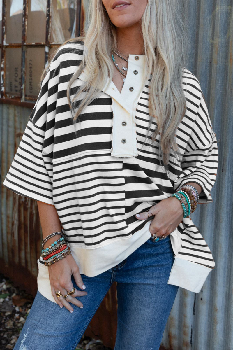 Casual Stripe Buttons Patchwork Contrast O Neck T-Shirts - Fashionpara
