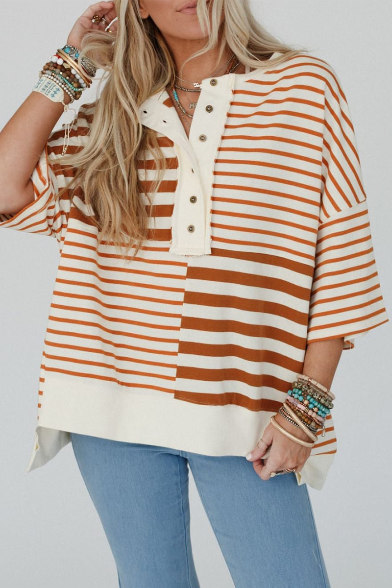 Casual Stripe Buttons Patchwork Contrast O Neck T-Shirts - Fashionpara