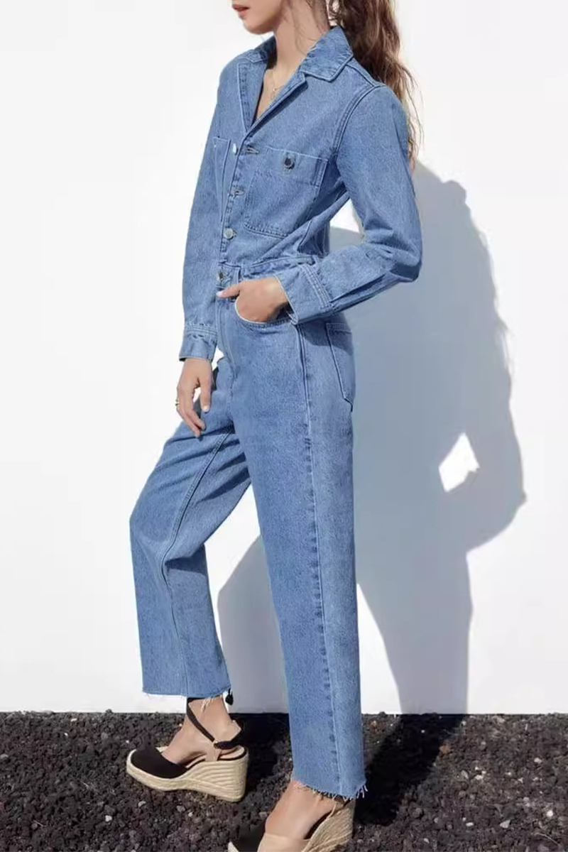 Casual Street Pocket Buttons Turndown Collar Long Sleeve Loose Denim Jumpsuits - Fashionpara