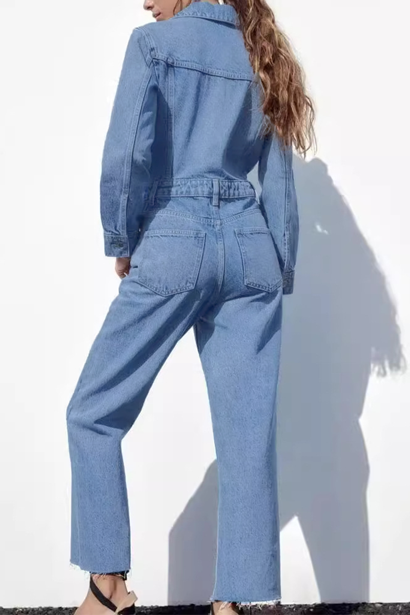 Casual Street Pocket Buttons Turndown Collar Long Sleeve Loose Denim Jumpsuits - Fashionpara