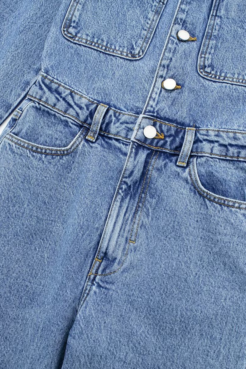 Casual Street Pocket Buttons Turndown Collar Long Sleeve Loose Denim Jumpsuits - Fashionpara