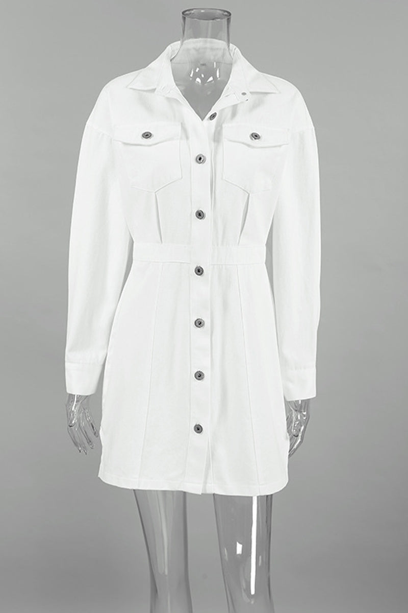 Casual Daily Buttons Patchwork Slit Turndown Collar A Line Dresses - Fashionpara