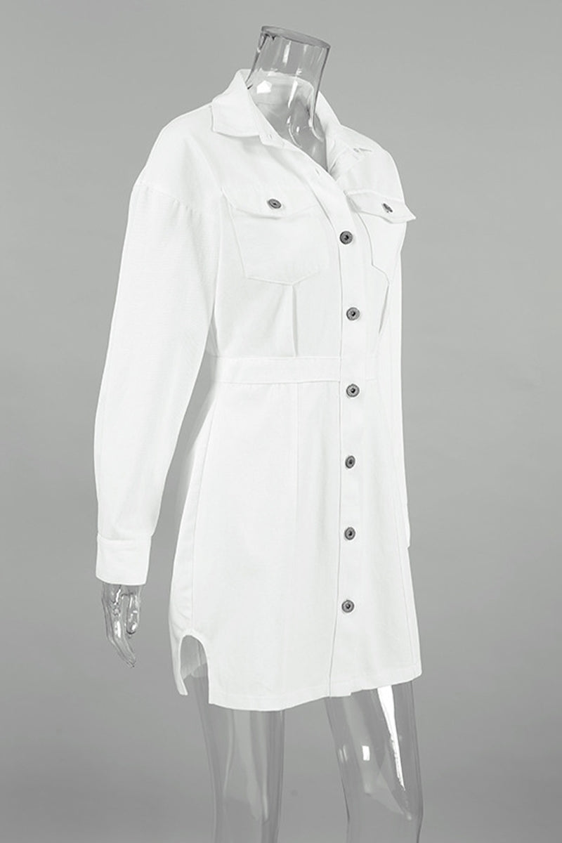 Casual Daily Buttons Patchwork Slit Turndown Collar A Line Dresses - Fashionpara