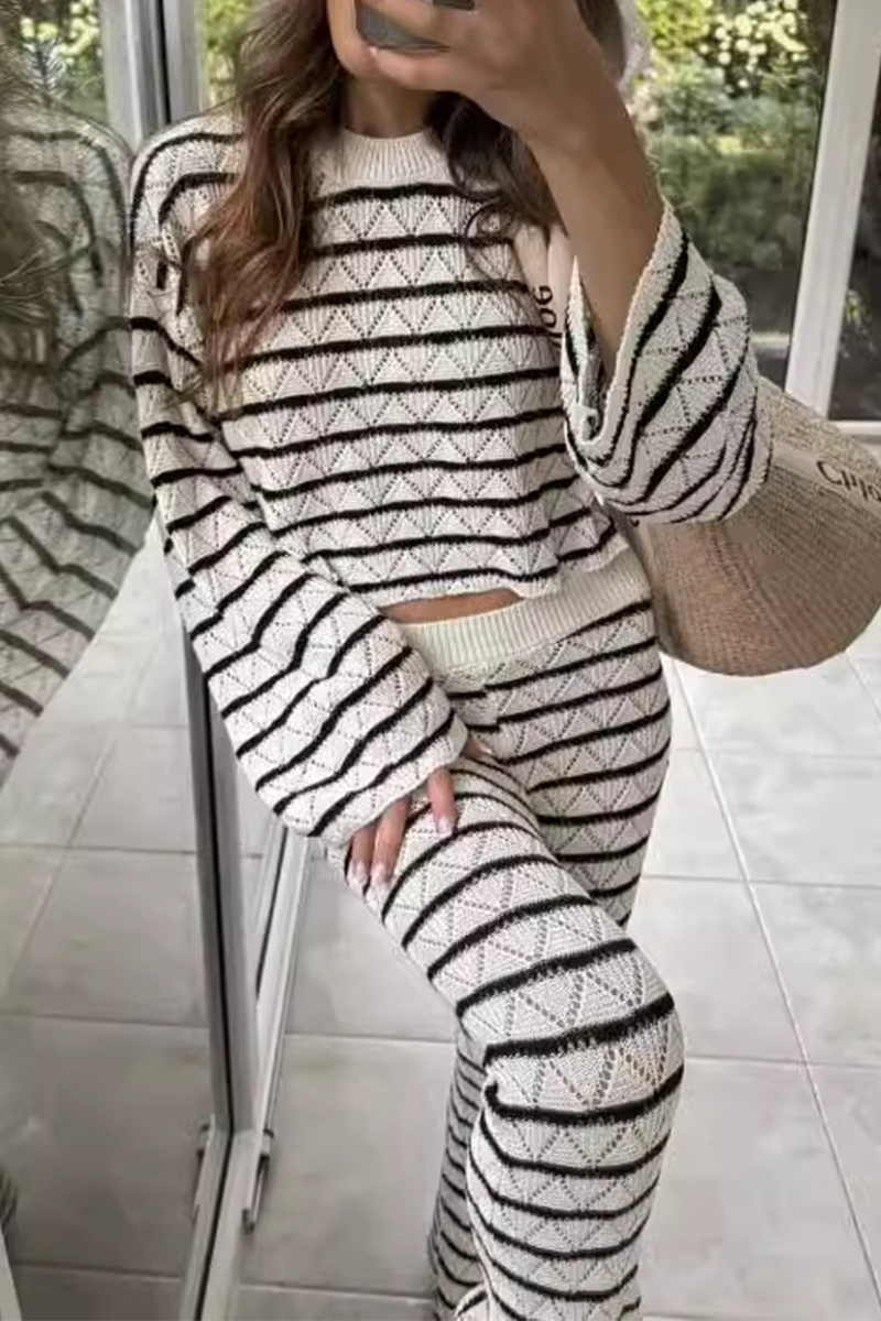 Casual Stripe Weave Contrast O Neck Long Sleeve Two Pieces - Fashionpara