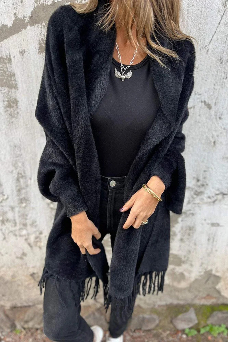 Fringed Trim Fluffy Shawl Collar Outerwear in 3 Colors