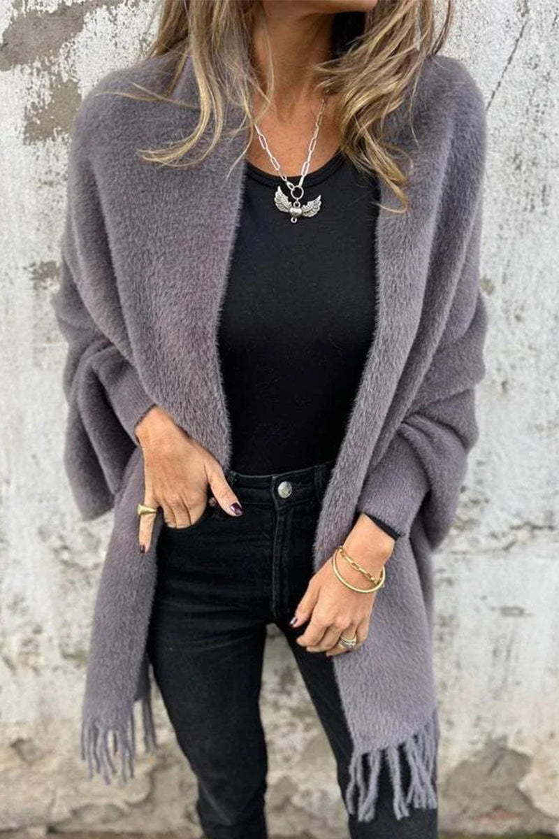 Fringed Trim Fluffy Shawl Collar Outerwear in 3 Colors