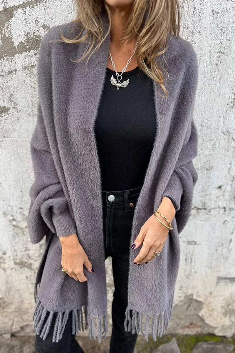 Fringed Trim Fluffy Shawl Collar Outerwear in 3 Colors