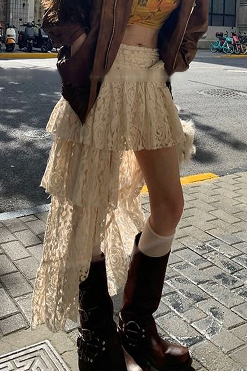 Casual Street Lace Irregular High Waist Bottoms - Fashionpara