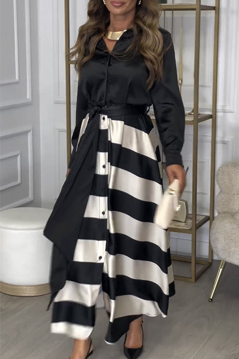Elegant Stripe Lace Up Contrast Turndown Collar Shirt Dresses - Fashionpara