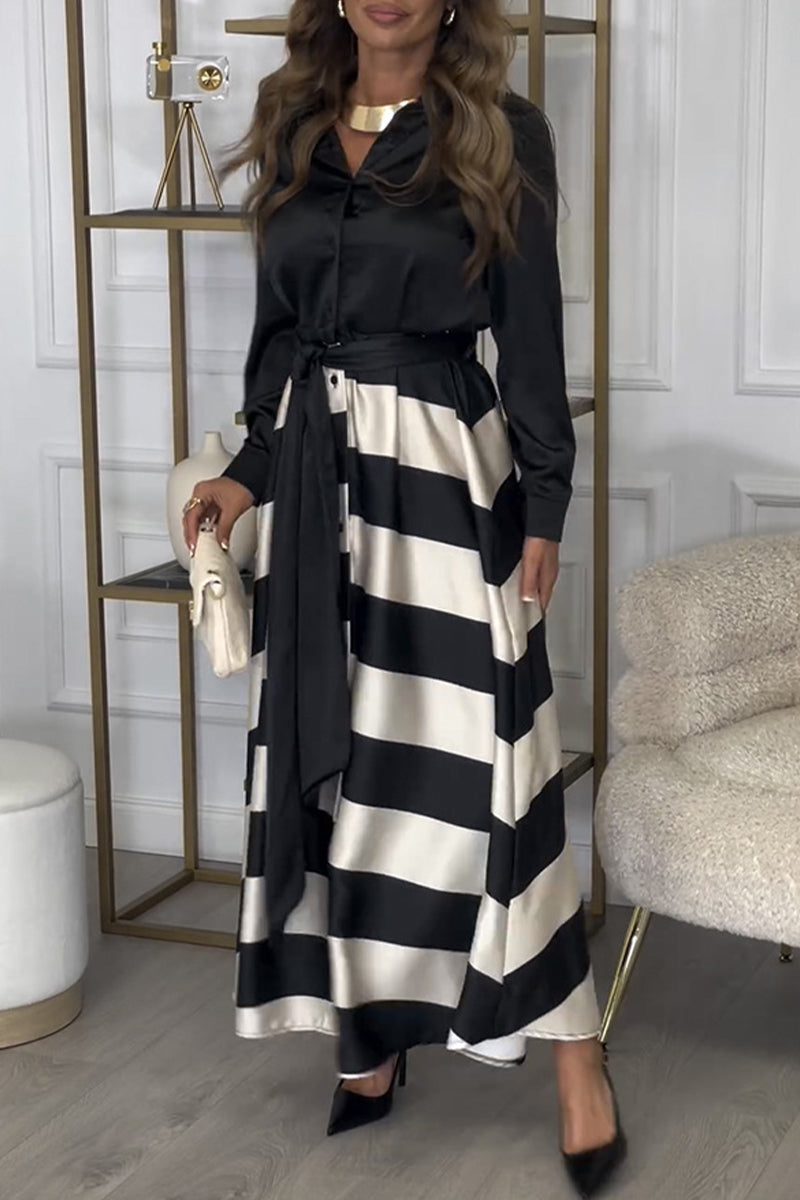 Elegant Stripe Lace Up Contrast Turndown Collar Shirt Dresses - Fashionpara