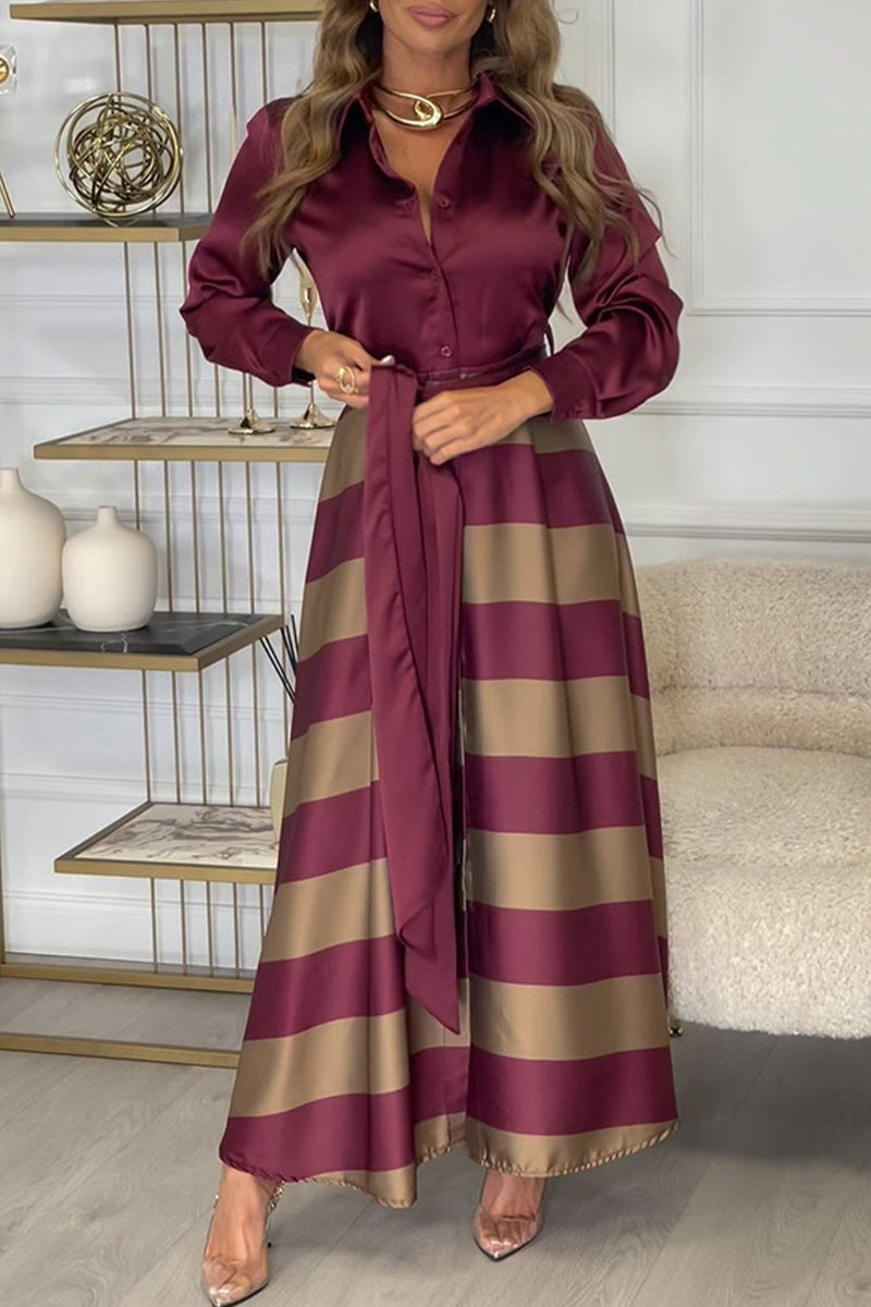 Elegant Stripe Lace Up Contrast Turndown Collar Shirt Dresses - Fashionpara