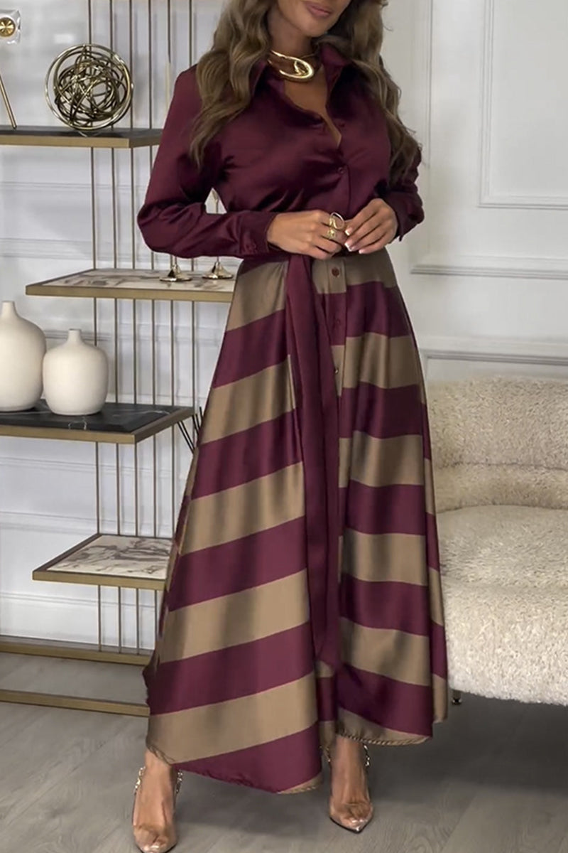 Elegant Stripe Lace Up Contrast Turndown Collar Shirt Dresses - Fashionpara