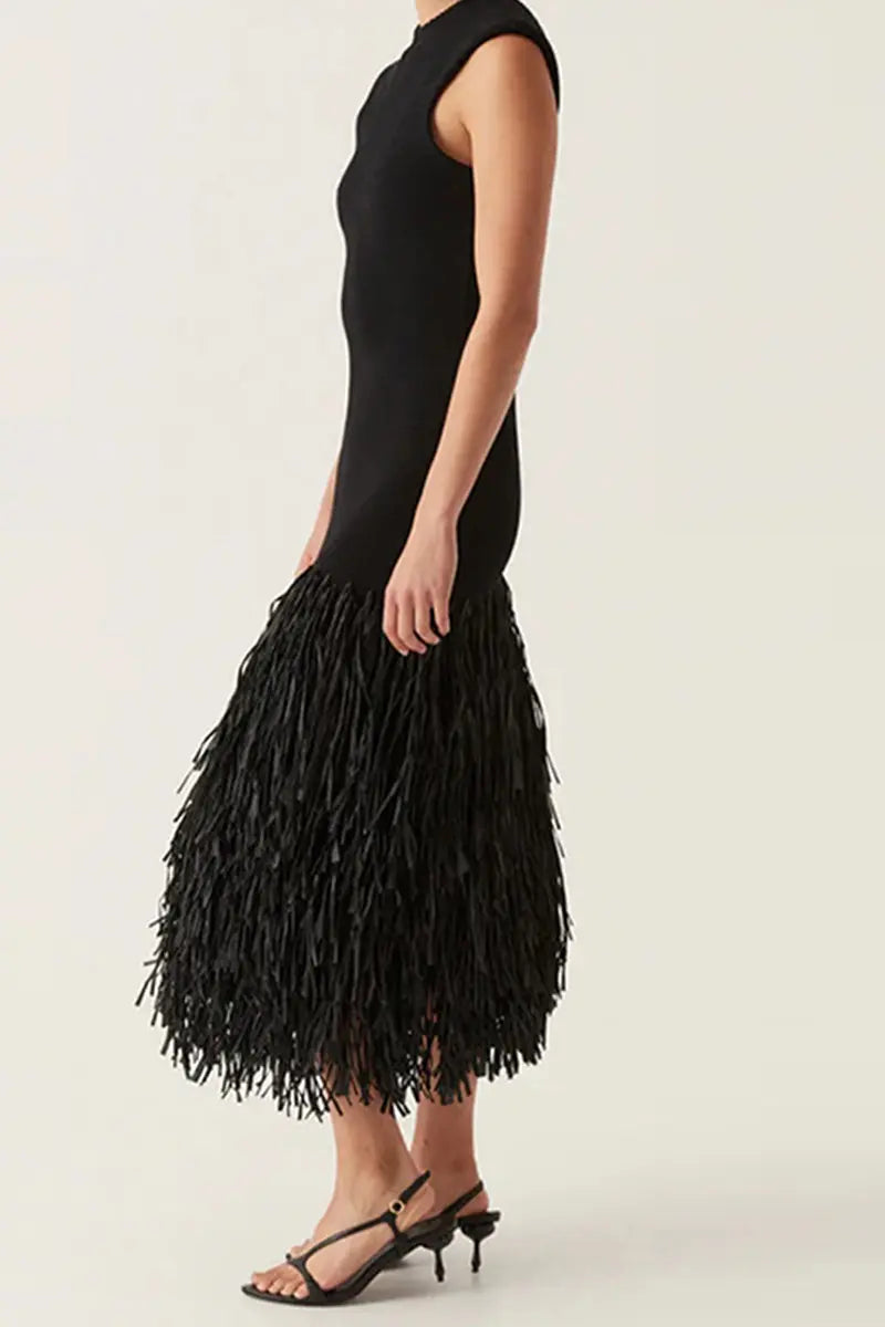 Casual Party Fringed Trim O Neck Sleeveless Dresses Fashionpara