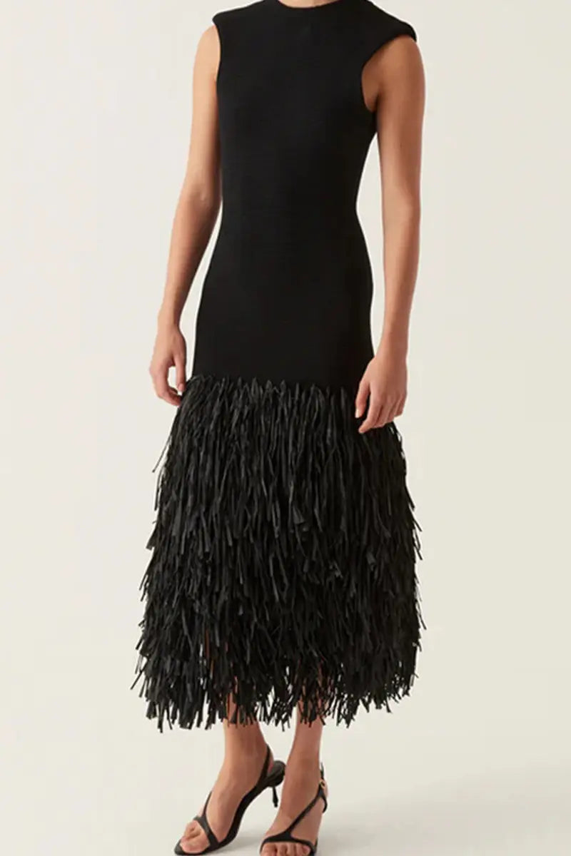 Casual Party Fringed Trim O Neck Sleeveless Dresses Fashionpara