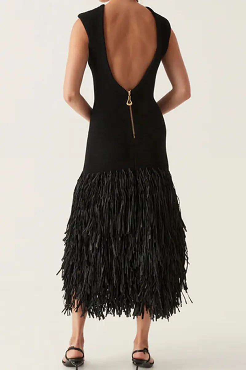 Casual Party Fringed Trim O Neck Sleeveless Dresses Fashionpara