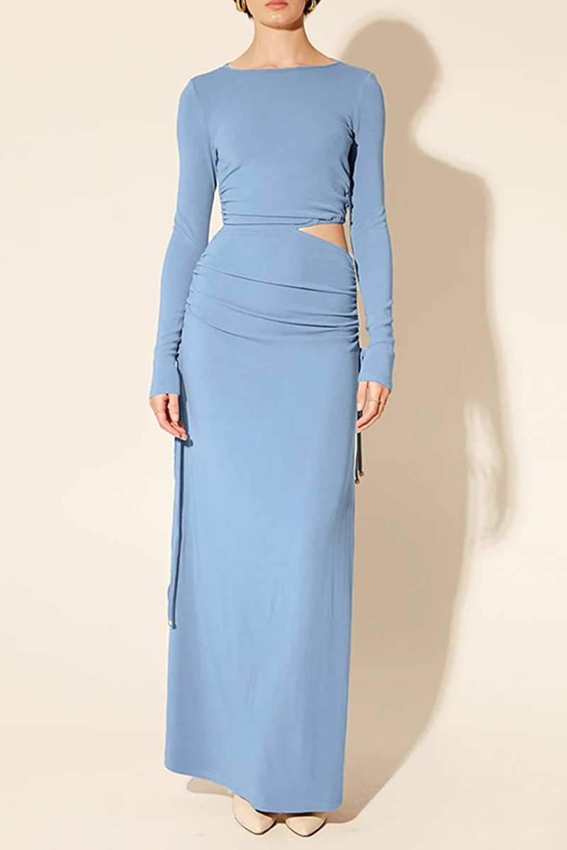 Casual Daily Hollow Out Draw String O Neck One Step Skirt Dresses - Fashionpara