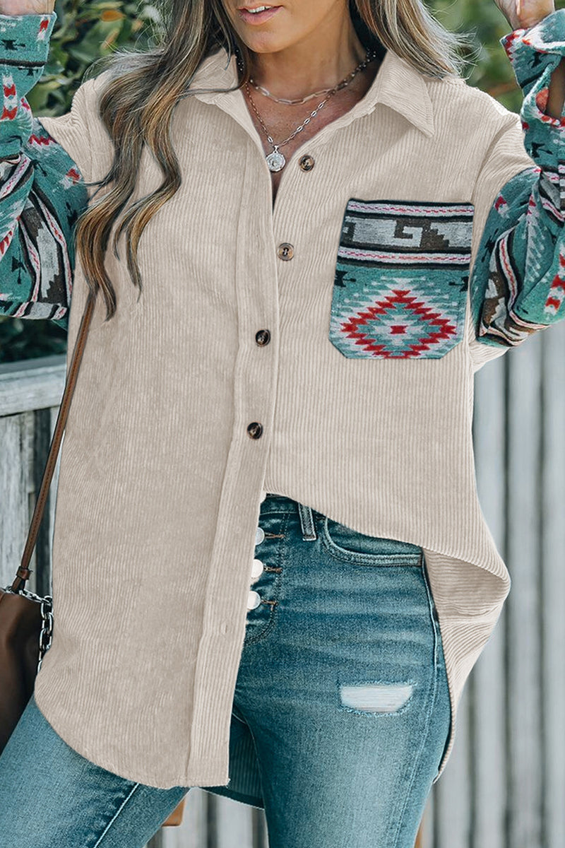 Casual Geometric Print Pocket Patchwork Contrast Turndown Collar Blouses - Fashionpara