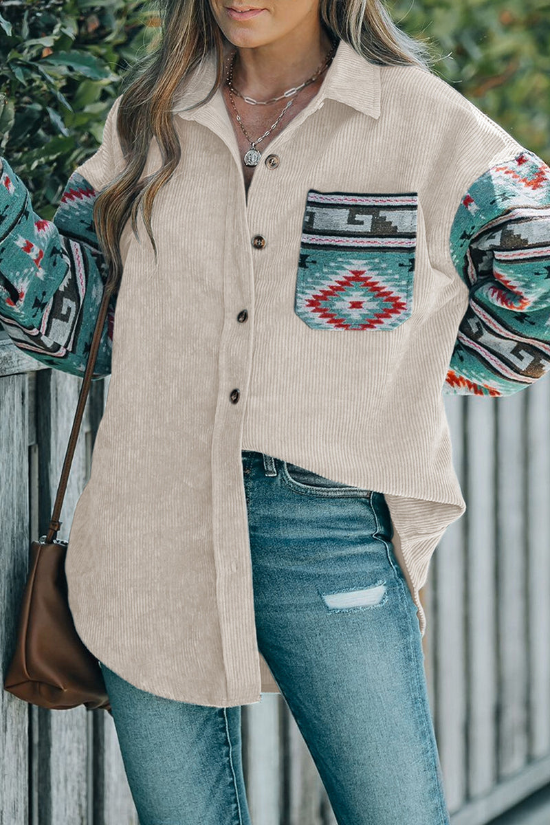 Casual Geometric Print Pocket Patchwork Contrast Turndown Collar Blouses - Fashionpara