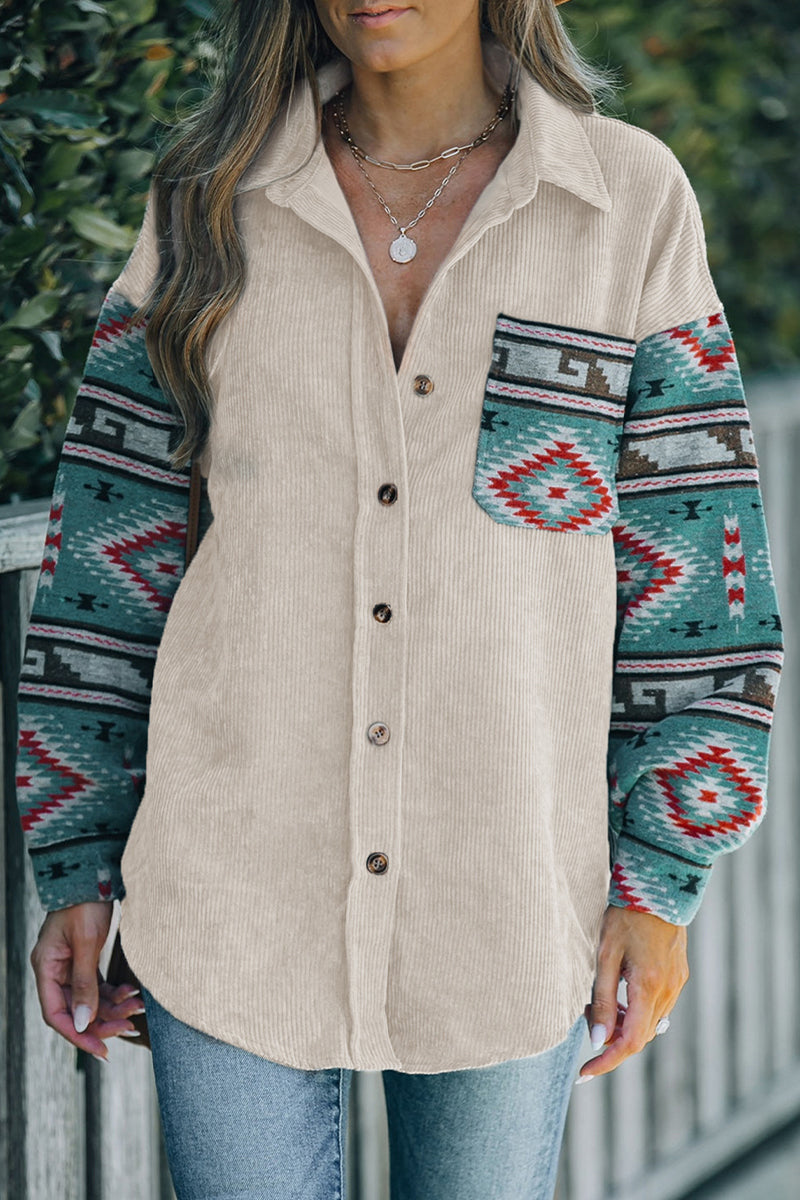 Casual Geometric Print Pocket Patchwork Contrast Turndown Collar Blouses - Fashionpara