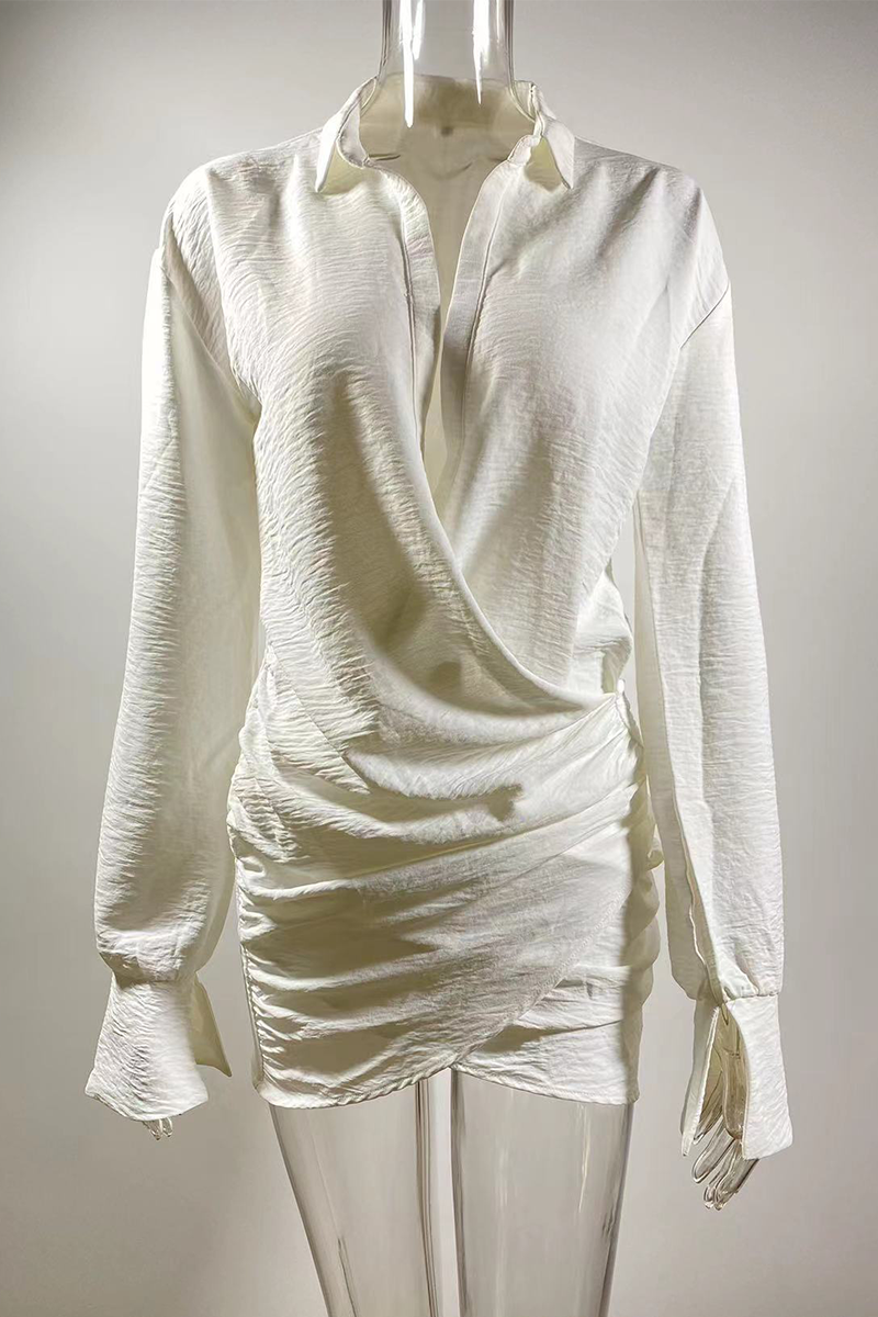 Sexy Patchwork Ruched Turndown Collar Shirt Dresses - Fashionpara