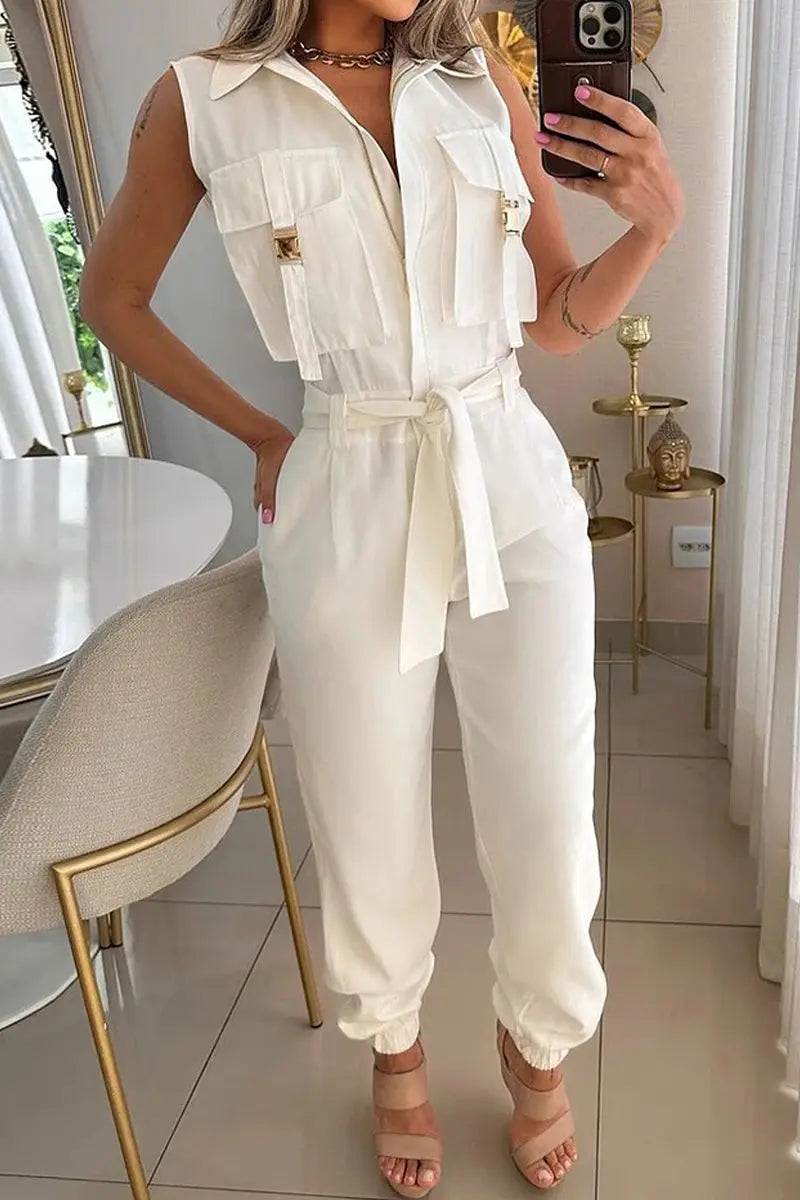 Casual Street Pocket Lace Up Zipper Turndown Collar Loose Jumpsuits - Fashionpara