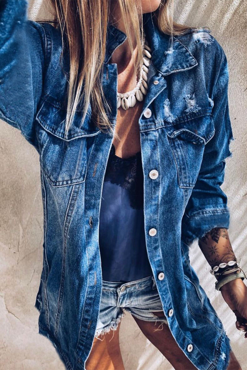 Bohonini Casual Ripped Denim Jacket with Turndown Collar