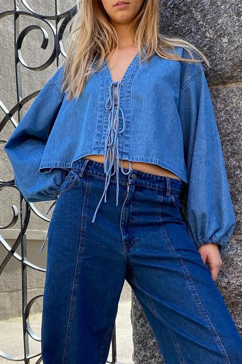 Lace-Up V Neck Casual Denim Jacket for Effortless Style