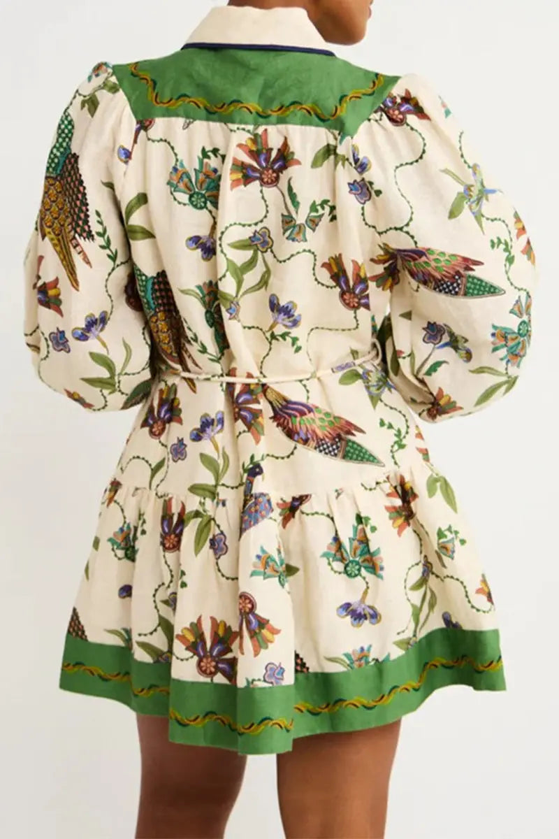 Casual Animal Print Lace Up Contrast Turndown Collar Shirt Dresses Fashionpara