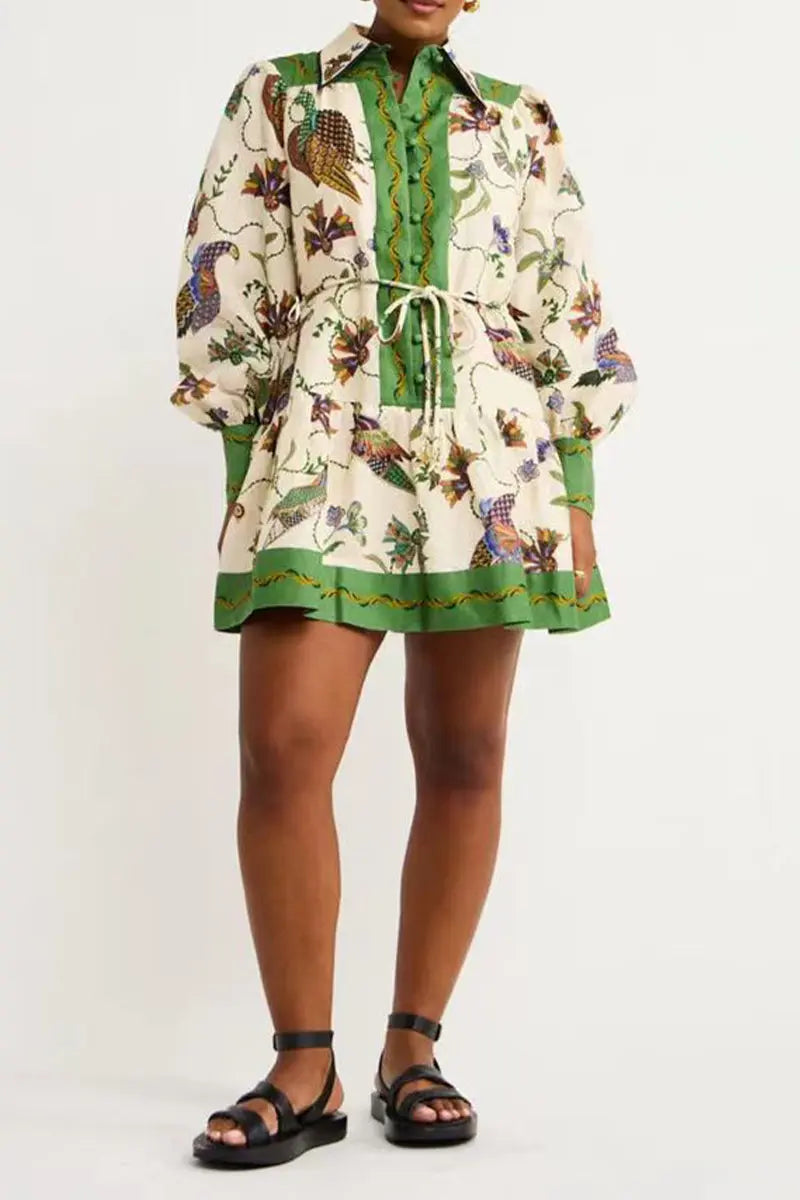 Casual Animal Print Lace Up Contrast Turndown Collar Shirt Dresses Fashionpara