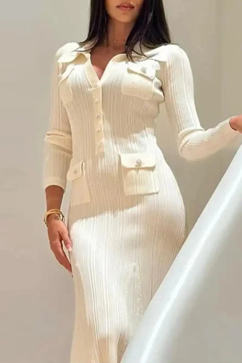 Celebrities Elegant Pocket Buckle Ruffle Turndown Collar Long Sleeve Dresses  Fashionpara