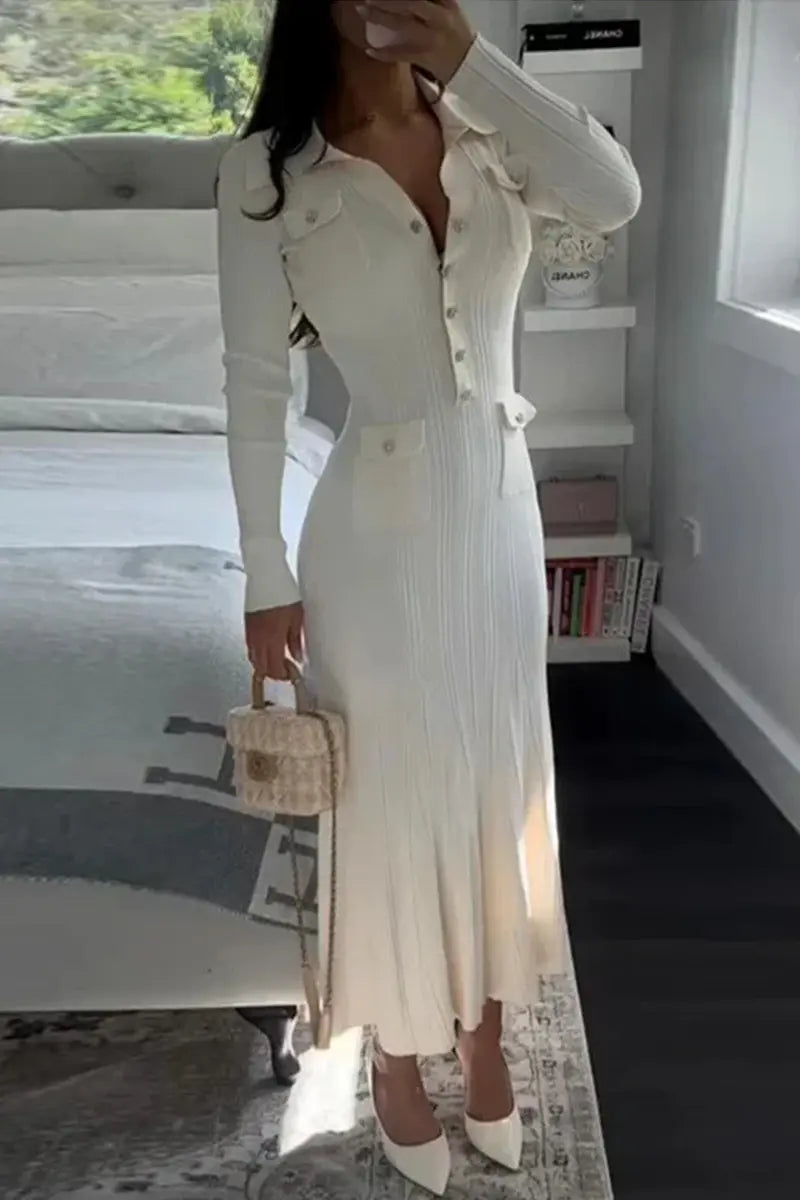 Celebrities Elegant Pocket Buckle Ruffle Turndown Collar Long Sleeve Dresses  Fashionpara