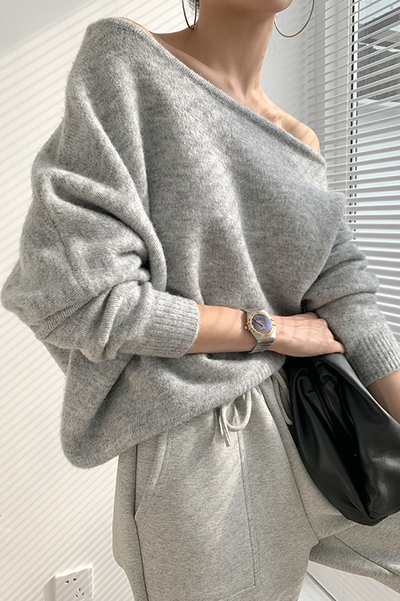 Florcoo Oblique Collar Sweater in Three Stylish Colors