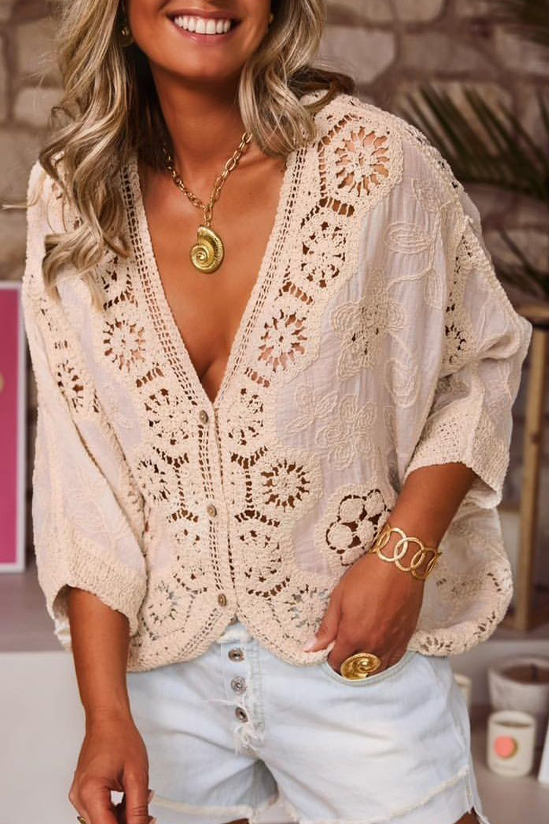 Distressed V Neck Knitted Jacket with Casual Lace Design