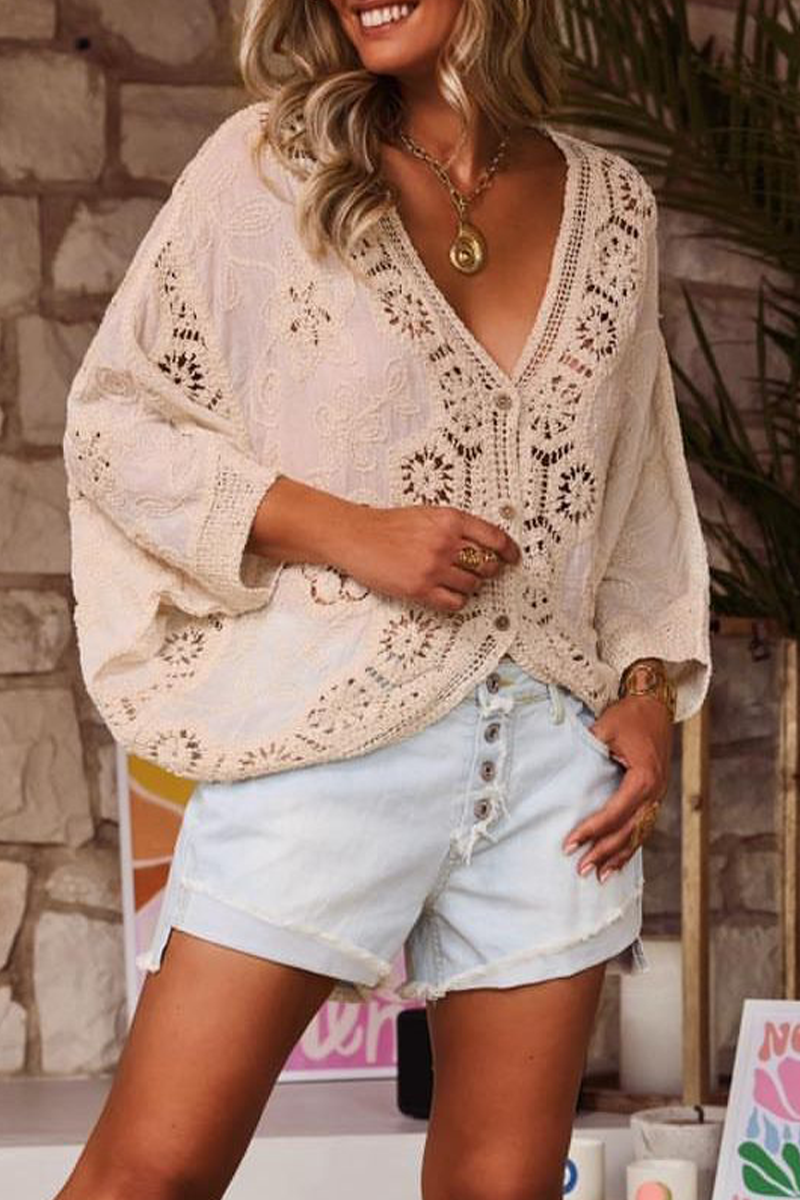 Distressed V Neck Knitted Jacket with Casual Lace Design