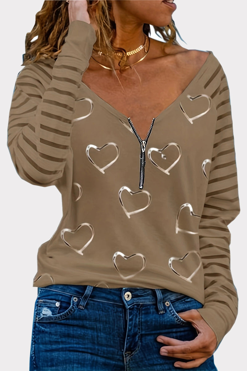 Casual Print Patchwork V Neck Tops(4 Colors) - Fashionpara