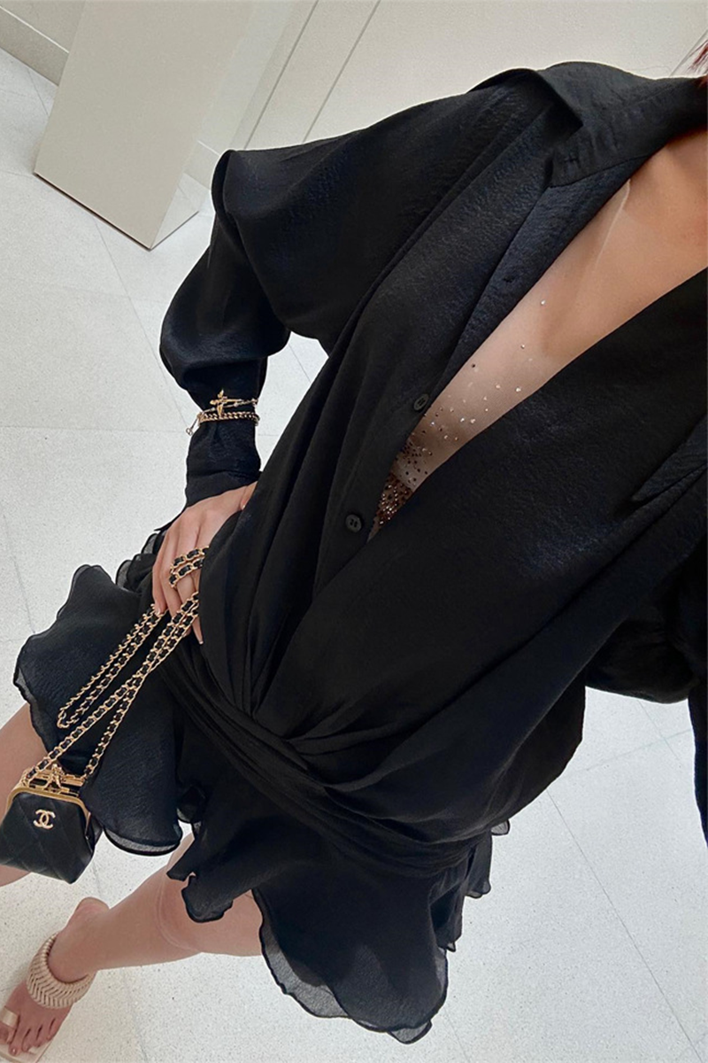 Sexy Ruched Without Belt Ruffle Irregular Hem Turndown Collar Shirt Dresses(No Belt) - Fashionpara