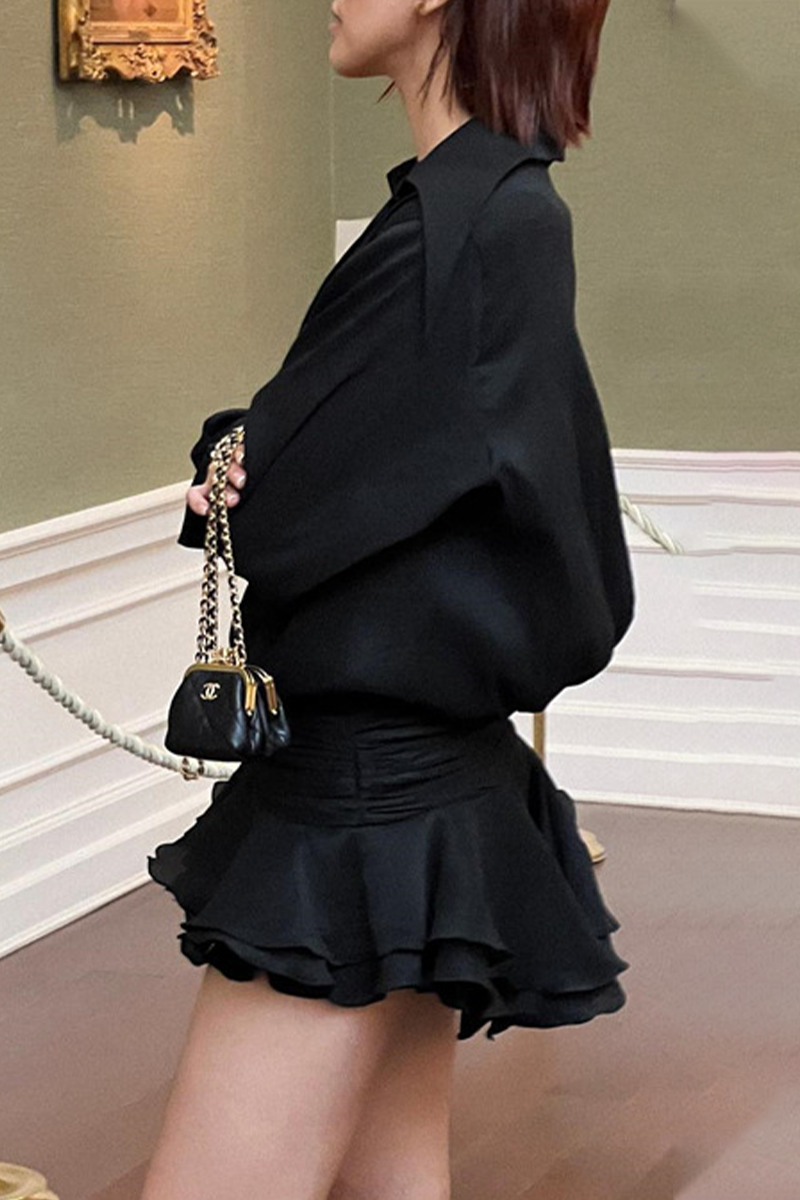 Sexy Ruched Without Belt Ruffle Irregular Hem Turndown Collar Shirt Dresses(No Belt) - Fashionpara