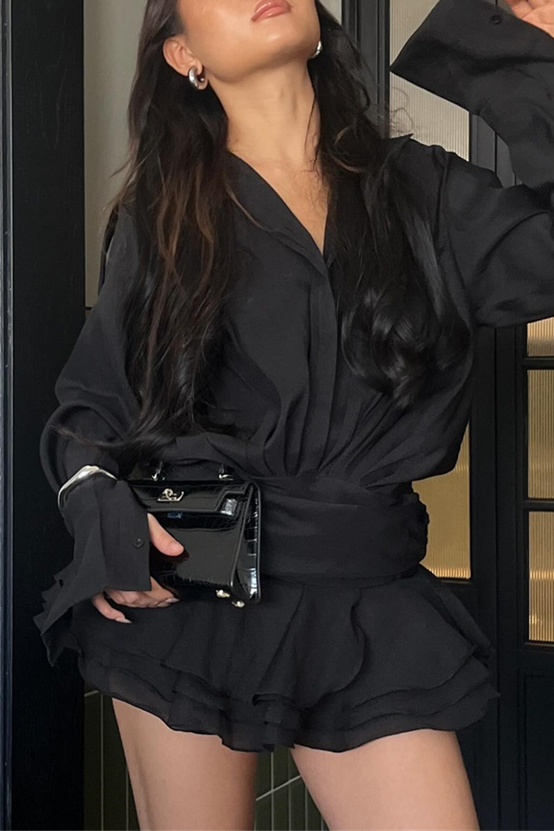 Sexy Ruched Without Belt Ruffle Irregular Hem Turndown Collar Shirt Dresses(No Belt) - Fashionpara