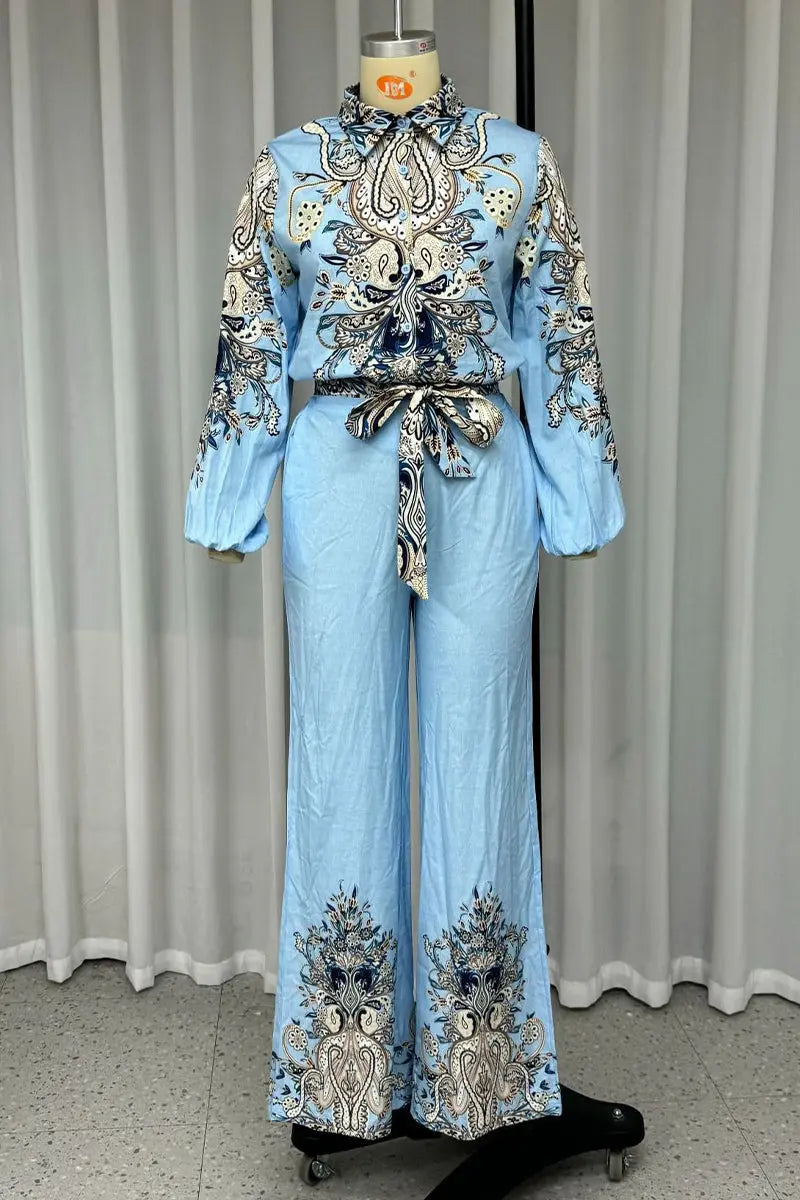 Casual Floral Print Lace Up Patchwork Turndown Collar Long Sleeve Two Pieces Fashionpara