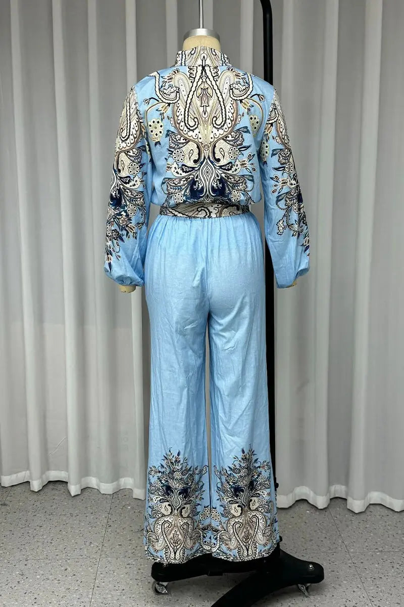 Casual Floral Print Lace Up Patchwork Turndown Collar Long Sleeve Two Pieces Fashionpara