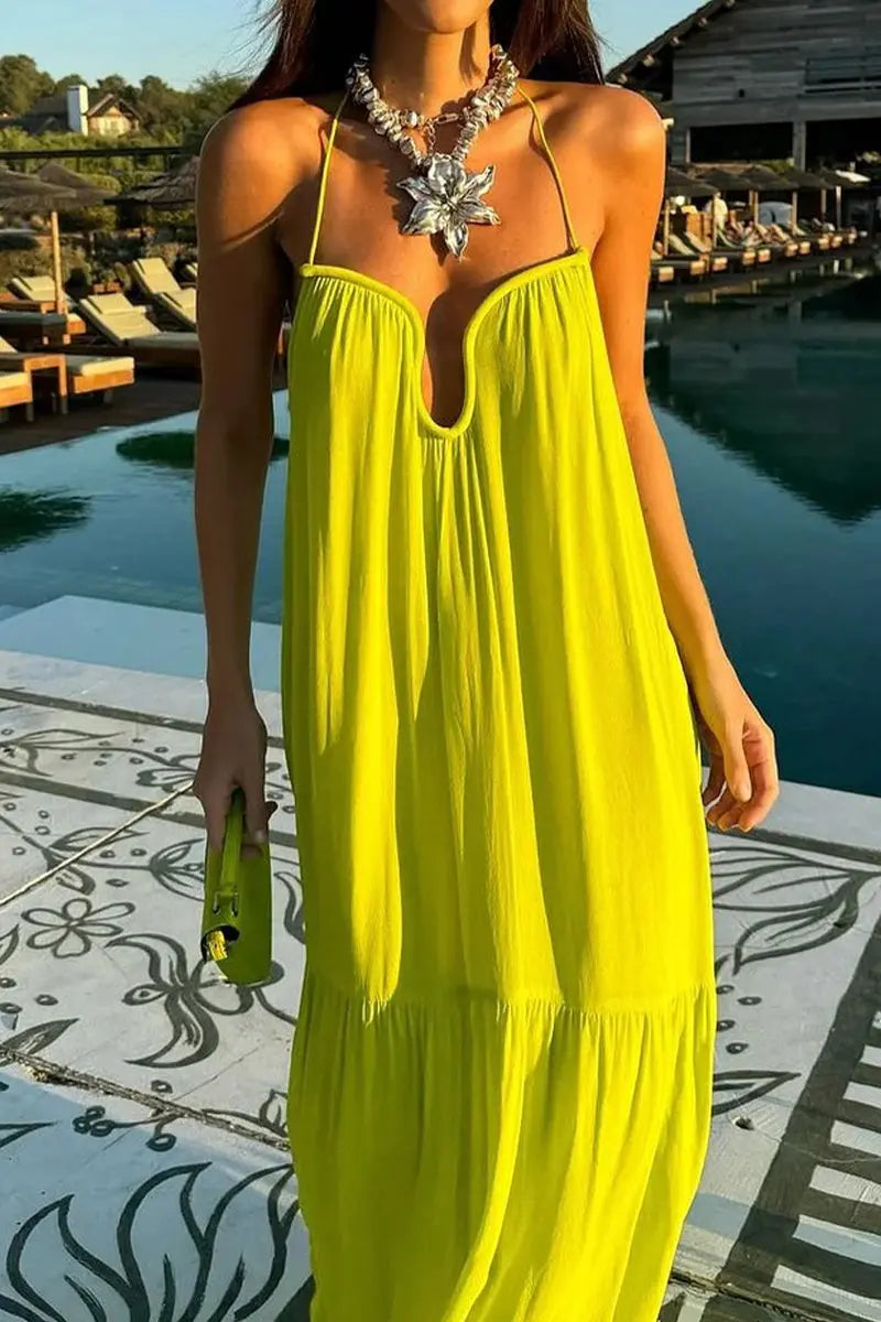 Sexy Vacation Patchwork Backless V Neck Sling Dresses Fashionpara