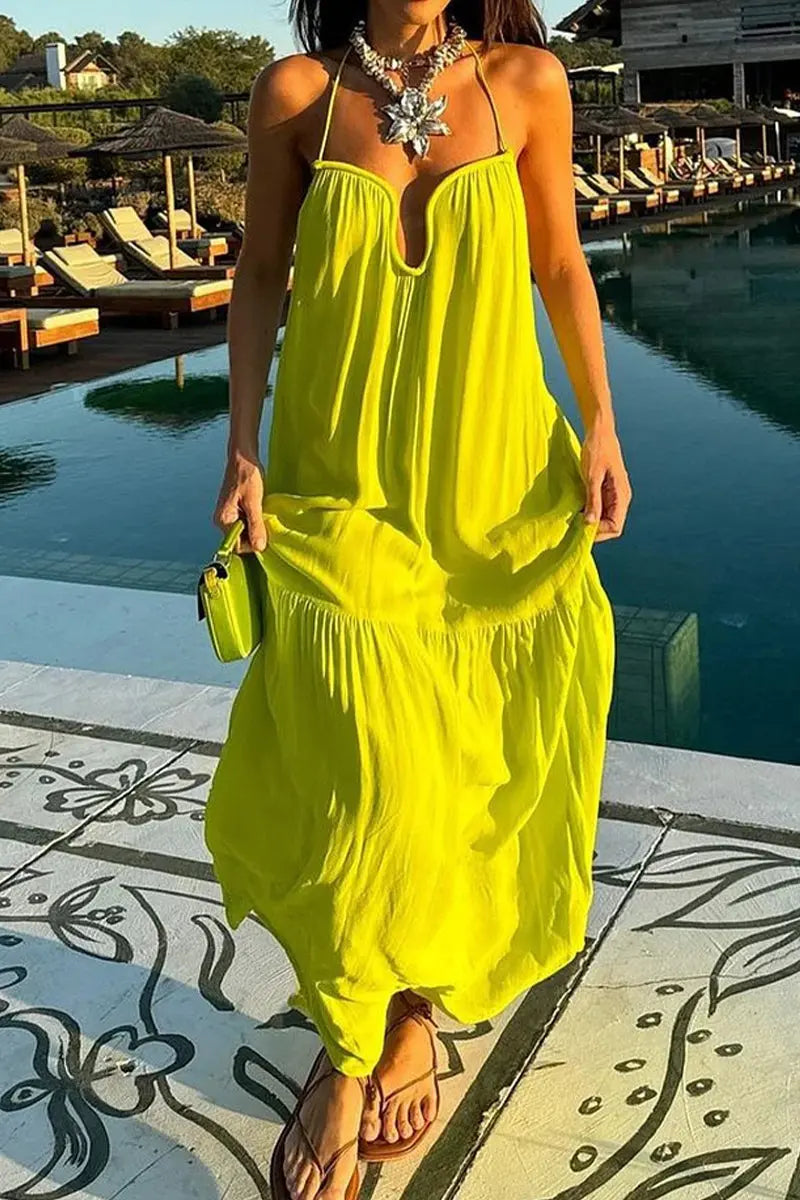 Sexy Vacation Patchwork Backless V Neck Sling Dresses Fashionpara