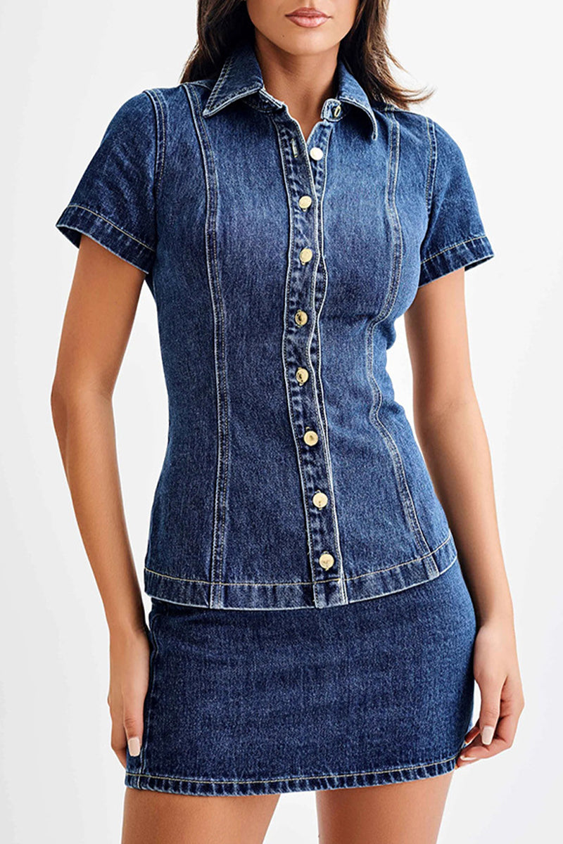 Casual Street Distressed Buttons Turndown Collar Short Sleeve Two Pieces - Fashionpara