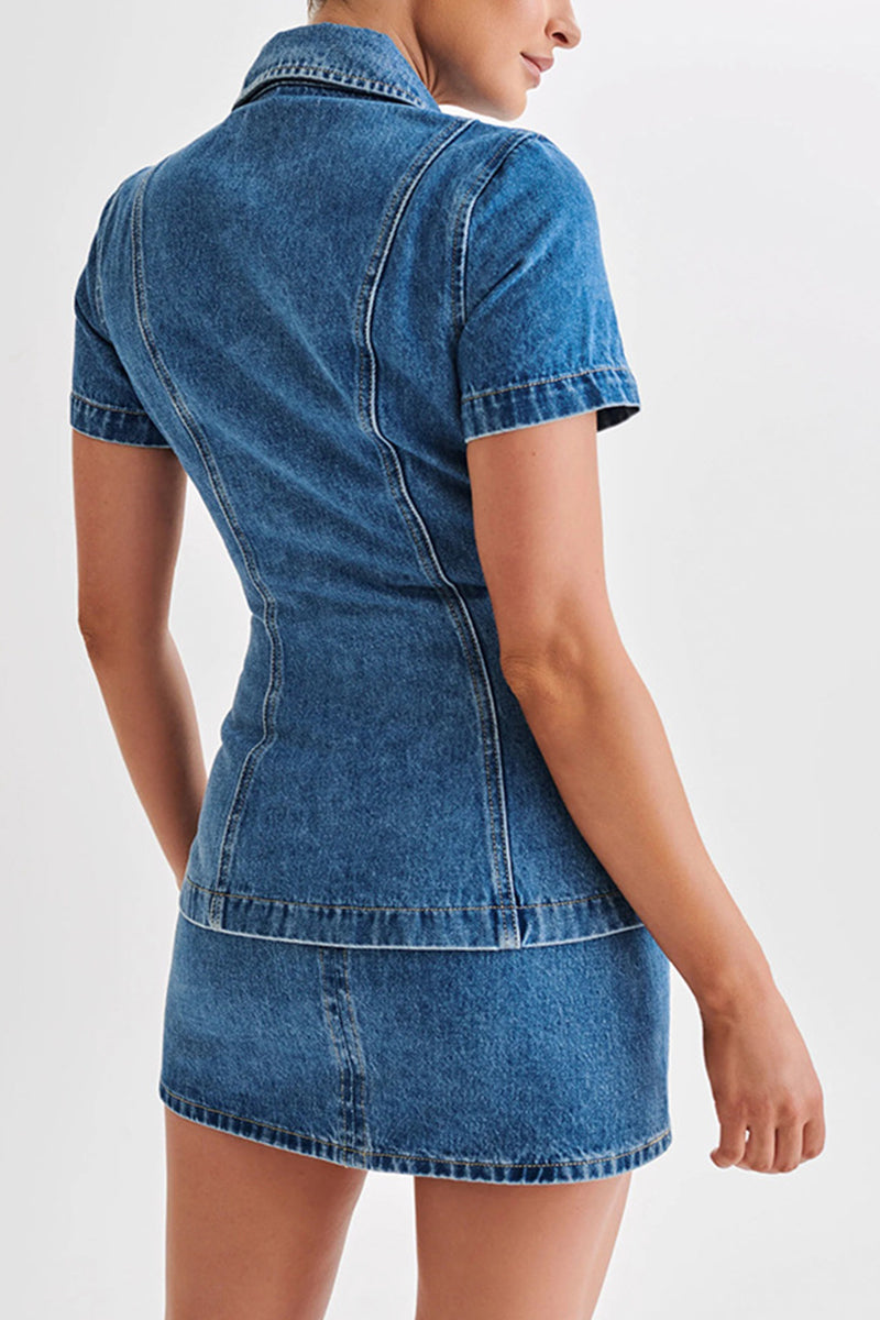 Casual Street Distressed Buttons Turndown Collar Short Sleeve Two Pieces - Fashionpara