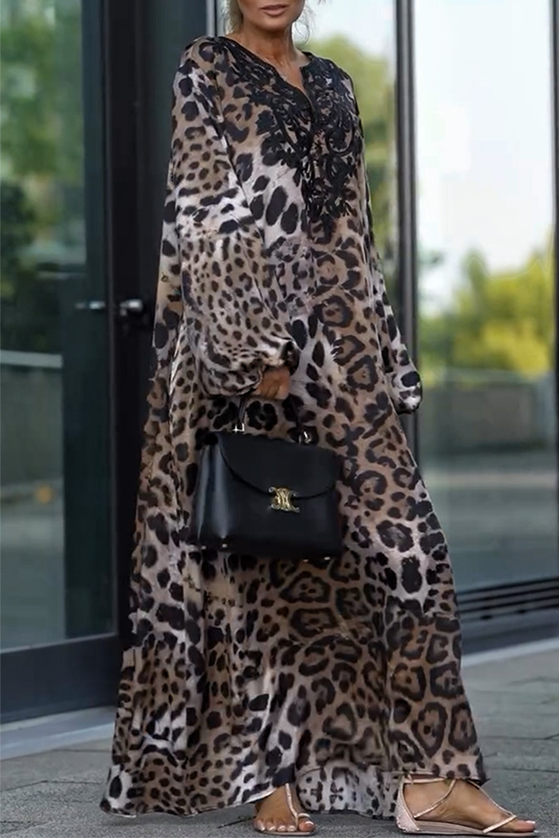 Casual Street Leopard Patchwork V Neck Long Dresses - Fashionpara