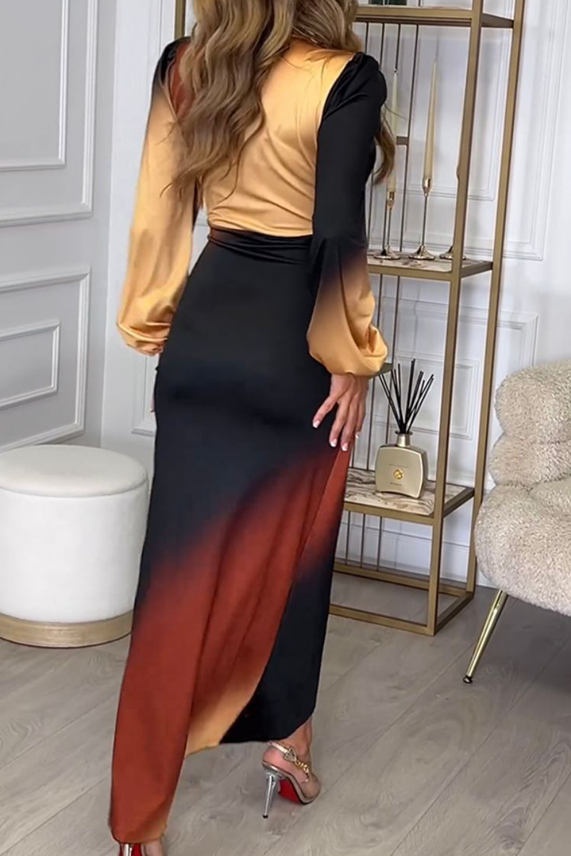 Elegant Gradient Color Irregular Contrast V Neck One Step Skirt Dresses - Fashionpara