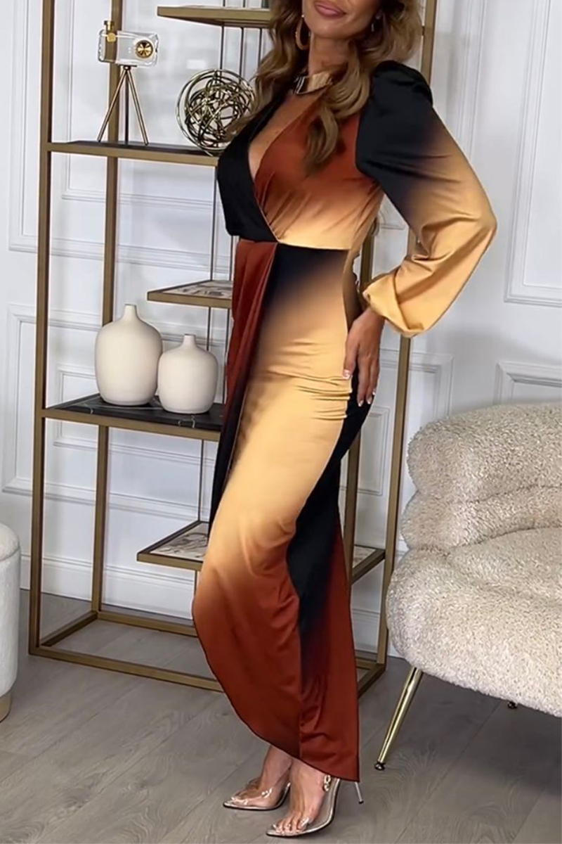 Elegant Gradient Color Irregular Contrast V Neck One Step Skirt Dresses - Fashionpara