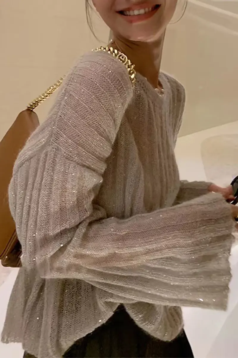 Casual Street Solid Color Tinsel O Neck Tops(3 Colors) - Fashionpara